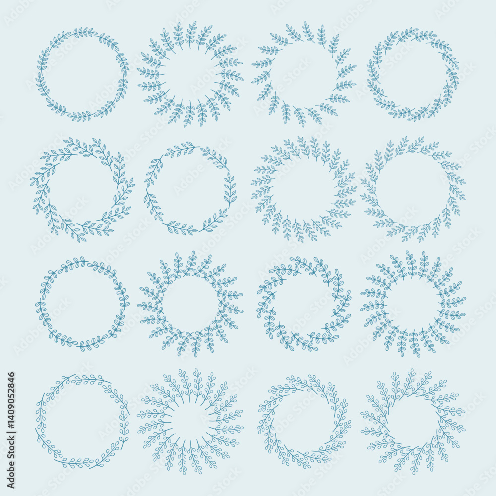 Simple flower circle frame set. Hand drawn blue round line border, leaves and flowers, wedding invitation and cards, logo design and posters template. Elegant minimal style floral isolated set Simple flower circle frame set. Hand drawn blue round line border, leaves and flowers, wedding invitation and cards, logo design and posters template. Elegant minimal style floral isolated set