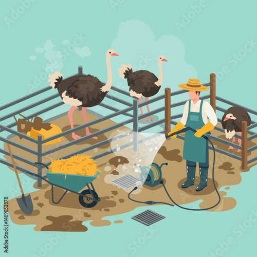 Cleaning Ostrich Enclosure Farmer Using Water Hose