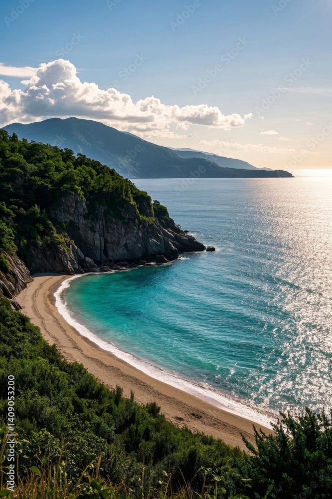 Fototapeta premium arafed view of a beach with a mountain in the background
