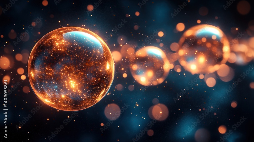 Obraz premium Glowing Cosmic Spheres: A mesmerizing digital artwork of radiant spheres in a dark, space-like setting. The spheres glow with internal light, creating a sense of wonder and mystery.