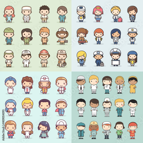 Chibi-style cartoon characters representing various professions in uniform, ideal for educational visuals, career posters, classroom materials, and kids' activity designs.

