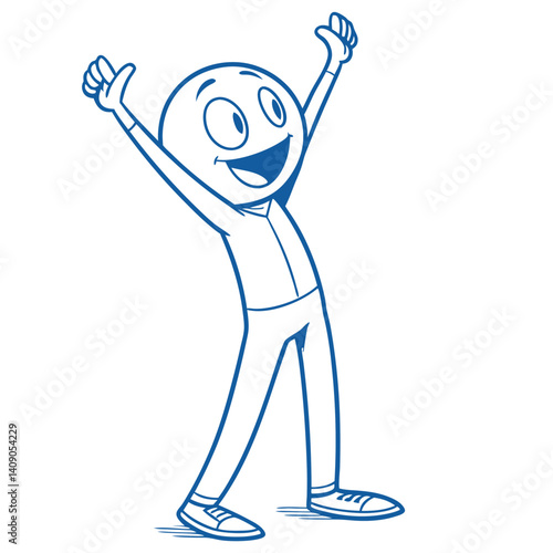 Cartoon stick figure standing with arms raised, cheerful expression, blue outline, white