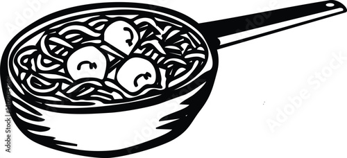 Minimalist black and white illustration of a noodle bowl with three meatballs, served in a pan. Perfect for food art, restaurant branding, Asian cuisine, and culinary design projects