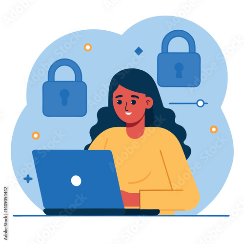 flat design a woman using a laptop on white