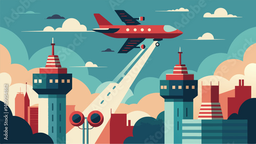 As the eVTOLs reach higher altitudes the citys sounds are drowned out by the quiet but powerful engines.. Vector illustration