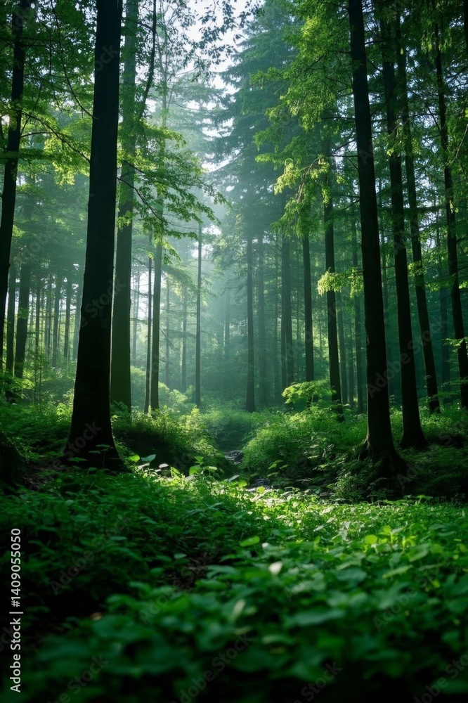 Fototapeta premium a view of a forest with a path through it
