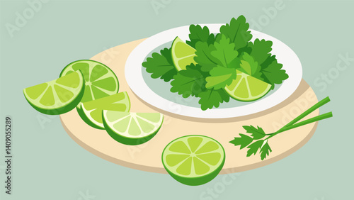 Chopping fresh cilantro and zesty lime wedges ready to garnish a plate of flavorful chilaquiles.. Vector illustration