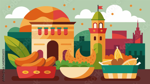 Mouthwatering aromas of freshlymade churros and crispy tacos attract visitors to the colorful and lively street food festival in the heart of Mexico City.. Vector illustration