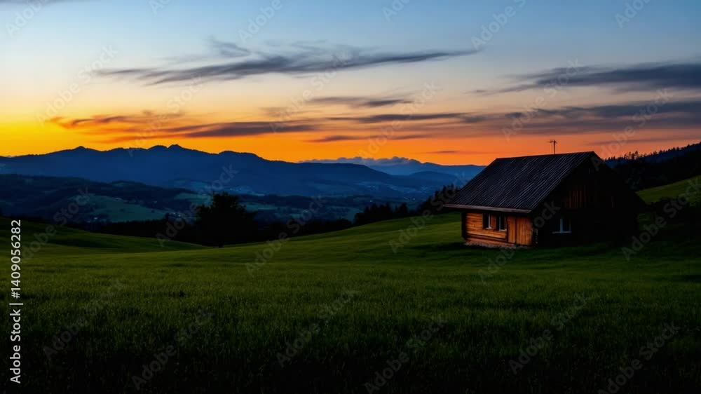 Sunset Serenity: A solitary cabin sits nestled amidst rolling green hills under a vibrant sunset sky, evoking a sense of peace and seclusion in a picturesque landscape. Sunset Serenity: A solitary cabin sits nestled amidst rolling green hills under a vibrant sunset sky, evoking a sense of peace and seclusion in a picturesque landscape.