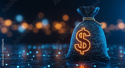 Digital money bag with glowing dollar sign on a network background with bokeh lights behind it