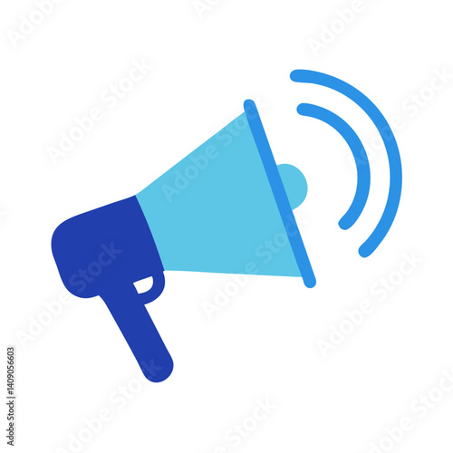 Blue megaphone icon with dynamic broadcast lines