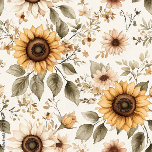 Sunflowers and delicate florals in soft pastel watercolor tones on seamless background