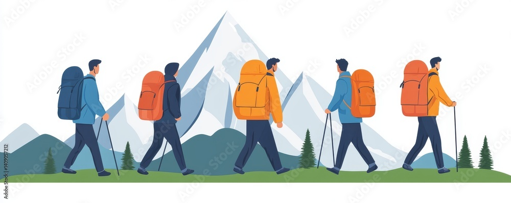 A mountain trail is ascended by three hikers, with snow-capped peaks and evergreen trees in the background A mountain trail is ascended by three hikers, with snow-capped peaks and evergreen trees in the background