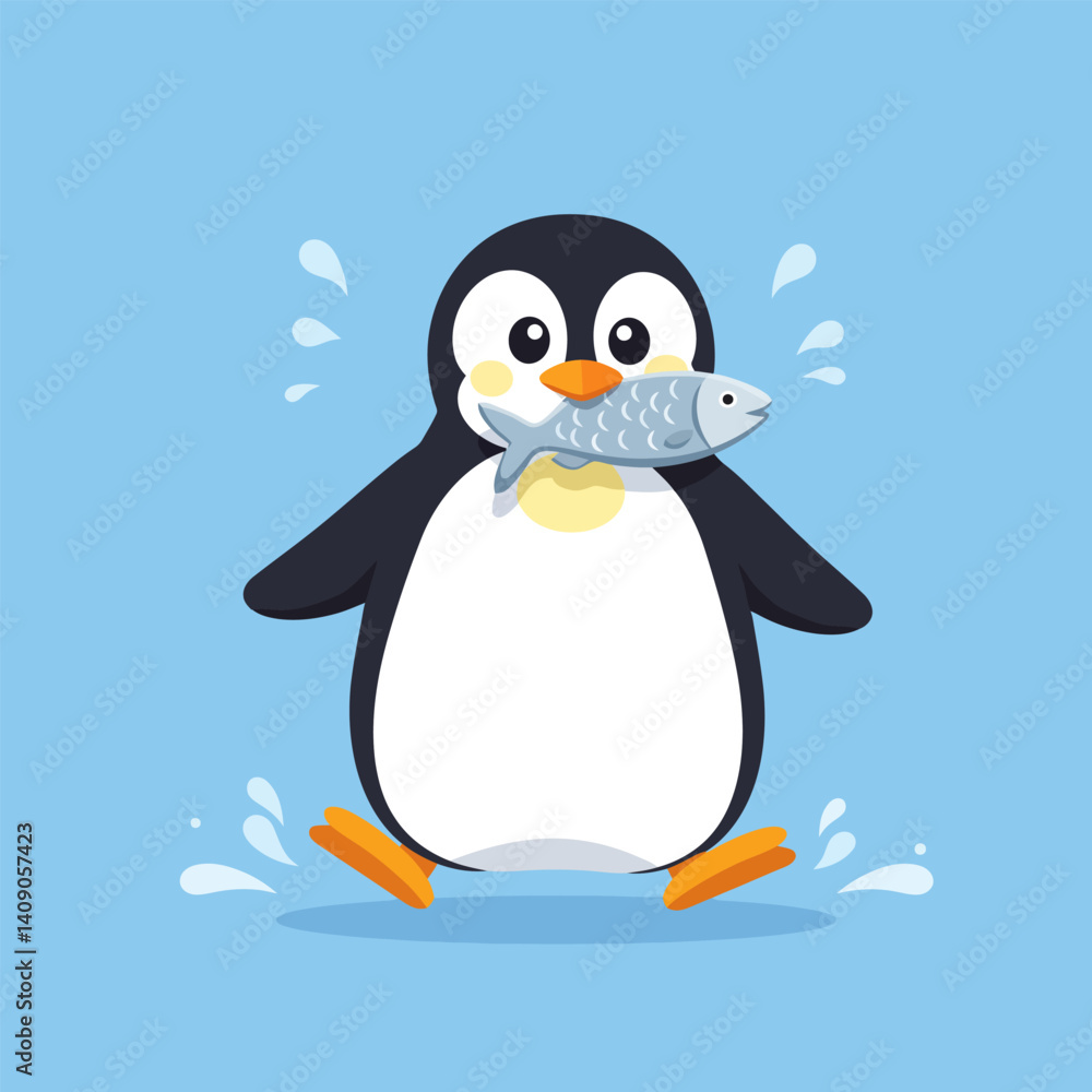 Naklejka premium Penguin Walking Holding Fish Simple Cartoon Illustration