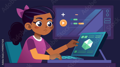 A young girl intently studying a tutorial on how to use Unitys physics engine to make her game characters move and interact realistically.. Vector illustration