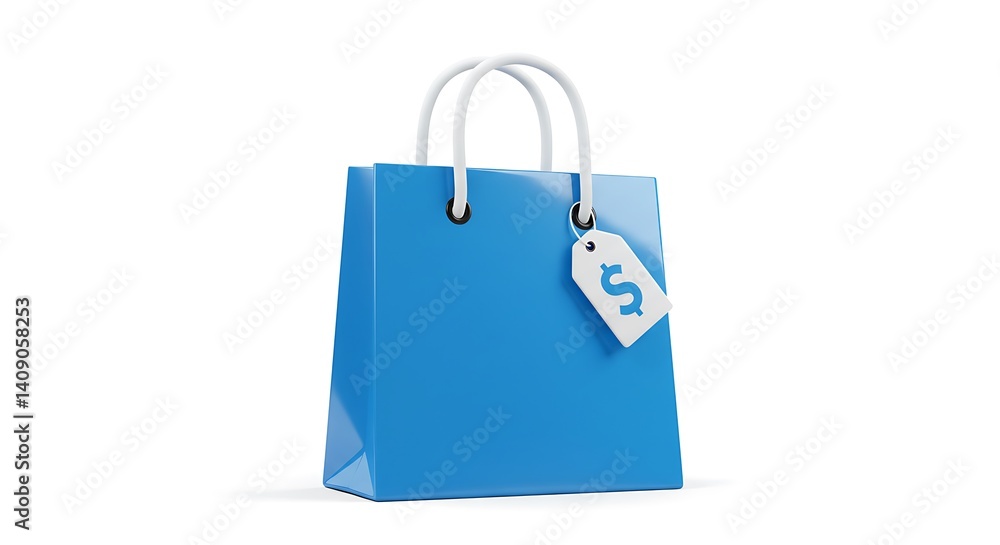 A blue shopping bag with white handles and a price tag with a dollar sign on a white background A blue shopping bag with white handles and a price tag with a dollar sign on a white background