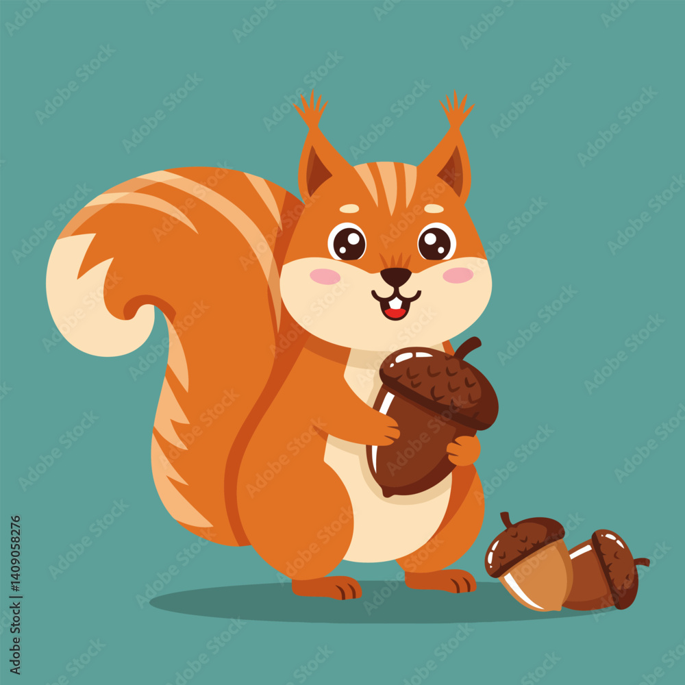 Fototapeta premium Cartoon Squirrel Holding Acorn with Smiling Expression