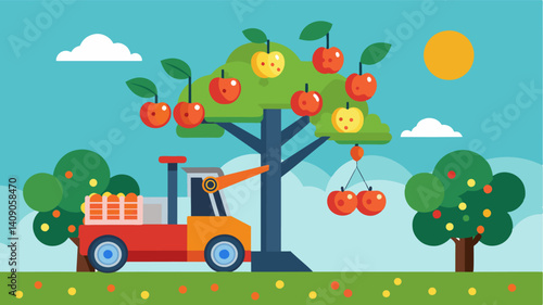 Equipped with advanced sensor technology a fully automated tree fruit harvester effortlessly plucks perfectly ripe fruits and sorts them by size and quality.. Vector illustration