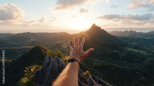 A person stretches towards the sun atop a majestic mountain peak.
