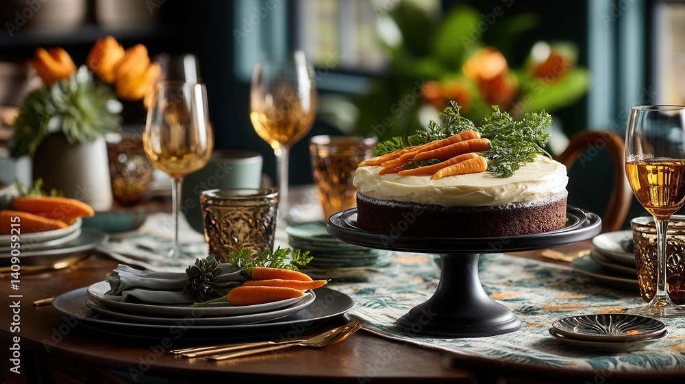 Naklejka premium Elegant Dinner Table with Carrot Cake and Wine Setting