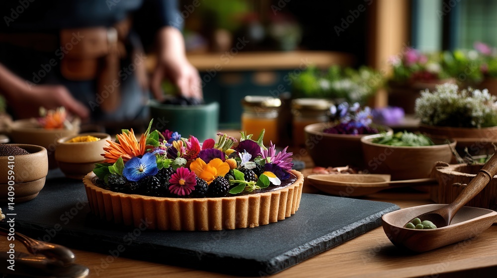 Creative colorful edible flower tart in rustic kitchen Creative colorful edible flower tart in rustic kitchen
