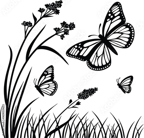 Grass flowers and butterflies black silhouette