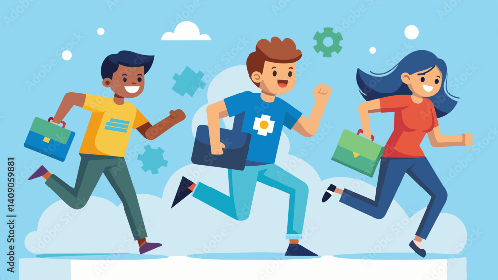 A group of enthusiastic young programmers rush to their designated stations eager to tackle the first puzzle in a coding competition.. Vector illustration A group of enthusiastic young programmers rush to their designated stations eager to tackle the first puzzle in a coding competition.. Vector illustration