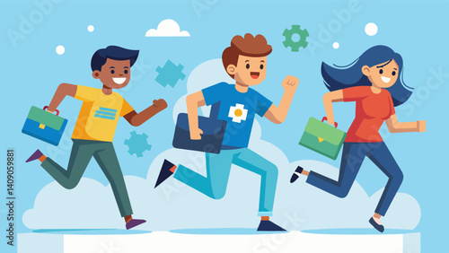 A group of enthusiastic young programmers rush to their designated stations eager to tackle the first puzzle in a coding competition.. Vector illustration