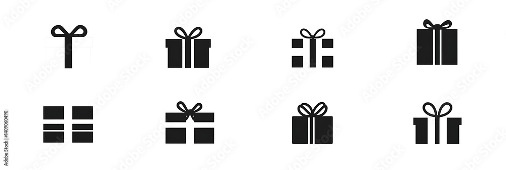 Set of simple gift icons, vector illustration, flat design, black and white color palette, minimalistic style, white background. Set of simple gift icons, vector illustration, flat design, black and white color palette, minimalistic style, white background.