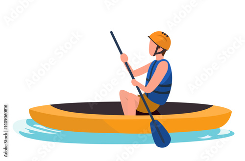 man in kayak with life vest and helmet