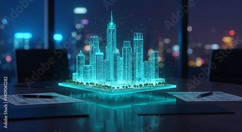 Holographic city model on a table with documents and pens in a modern office at night view outside window