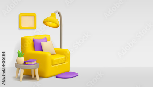Furniture store sale template. Room interior with armchair vector 3d banner. Cozy sofa with carpet, floor lamp, cushions, coffee table, book and house plant in pot.