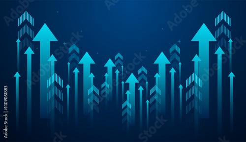 The upward arrows against a dark blue background represents growth, progress, and bullish market movement. growing up arrows concept vector
