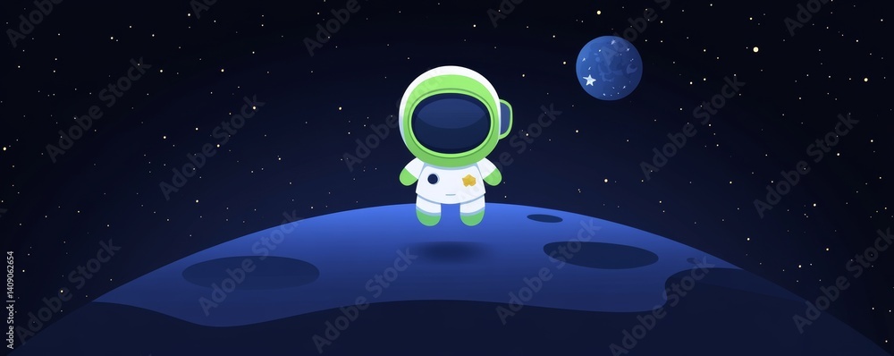 Fototapeta premium In the vast expanse of the vibrant cosmos, a cute green alien is seen flying its spaceship
