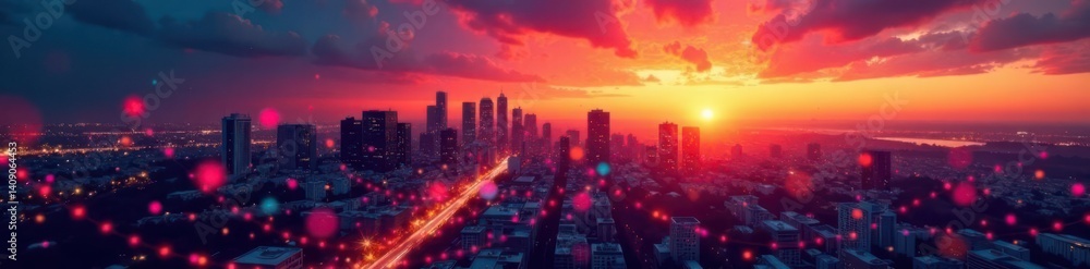 Fototapeta premium Colorful dots and patterns on a cityscape at sunset, sunset, pop art