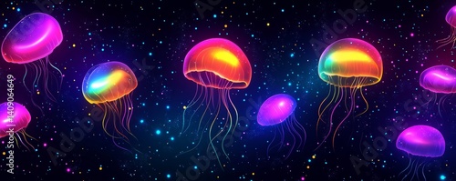 Wallpaper Mural A dark blue ocean is home to a golden jellyfish that has beautiful rainbow tentacles Torontodigital.ca