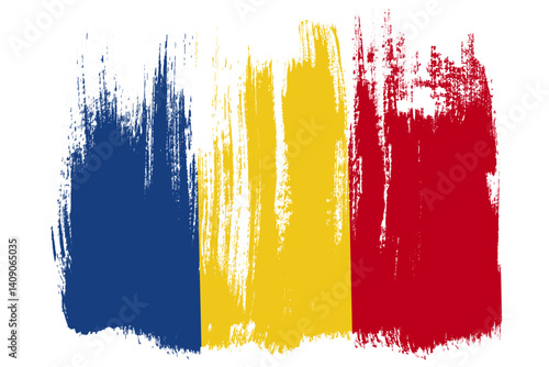 Romania grunge brush stroke flag for National day, election, tourism isolated on white background. Paintbrush Romania flag backdrop