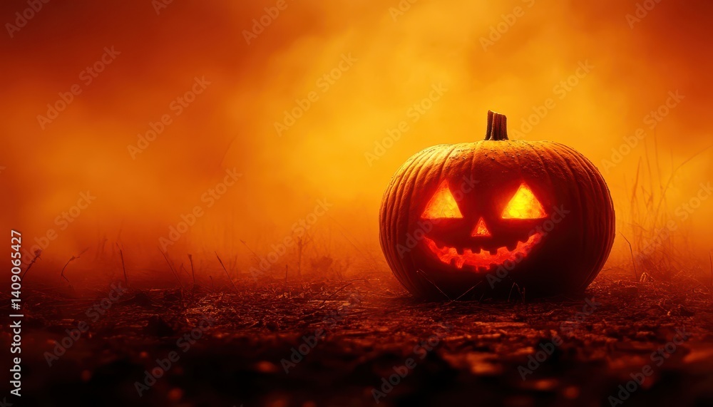 Fototapeta premium A carved pumpkin with glowing eyes sits in a foggy field, creating an eerie atmosphere.