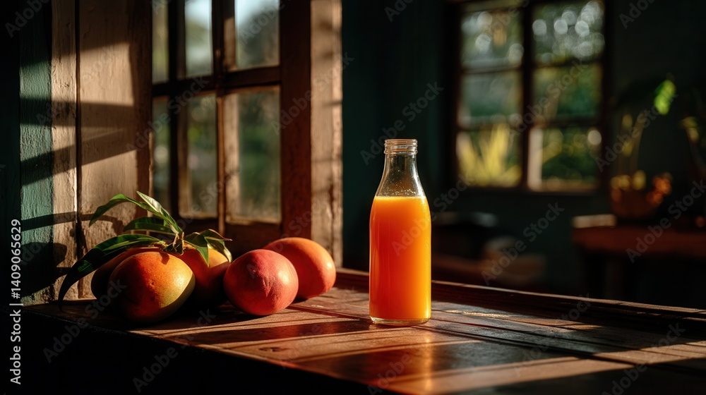 Obraz premium Peaceful fresh peach juice and fruit in morning sunlight