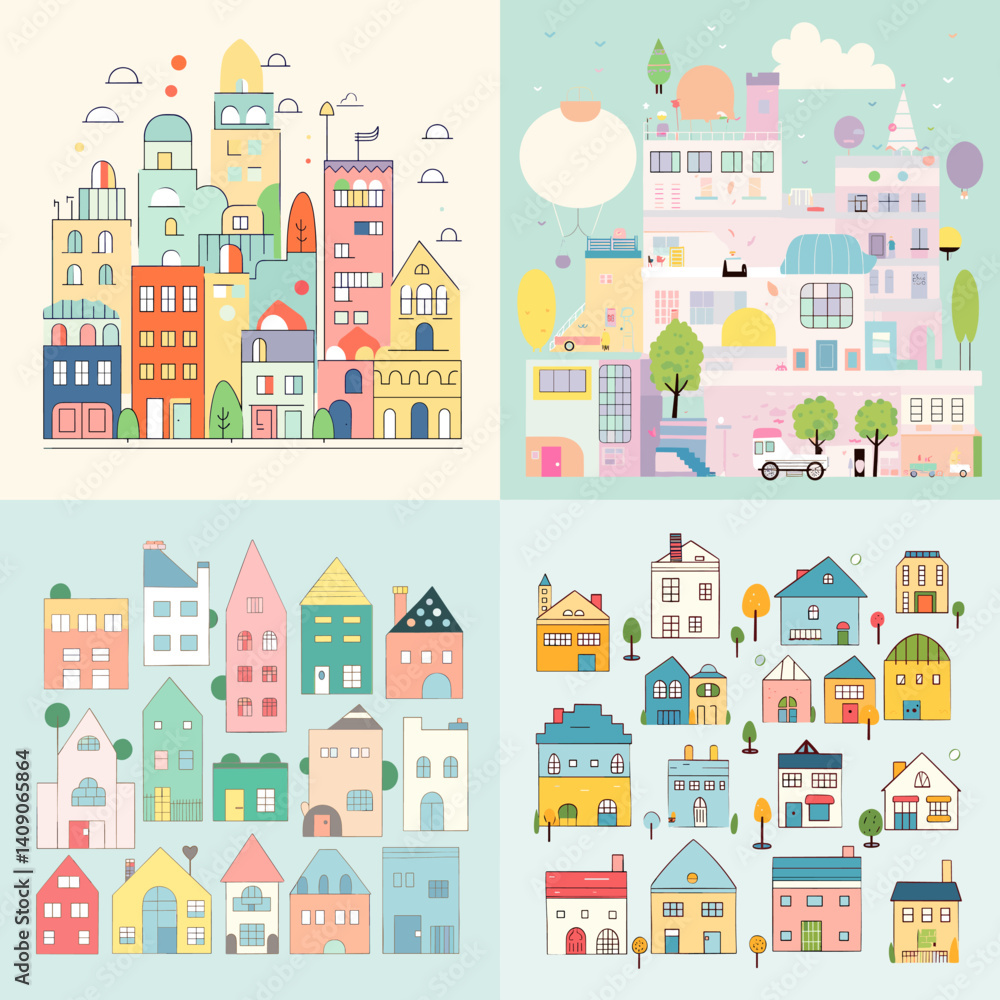 Whimsical illustrations of colorful buildings and houses in flat pastel style, ideal for children's books, playful maps, creative city scenes, and educational projects.
Whimsical illustrations of colorful buildings and houses in flat pastel style, ideal for children's books, playful maps, creative city scenes, and educational projects.