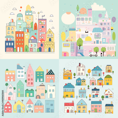 Whimsical illustrations of colorful buildings and houses in flat pastel style, ideal for children's books, playful maps, creative city scenes, and educational projects.

