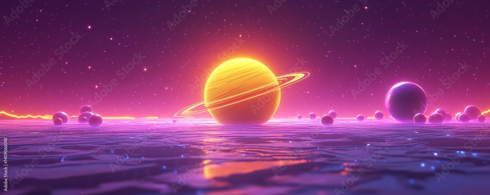 Fototapeta premium In a purple space, a golden planet shines bright, its beauty accentuated by rings, all depicted in a unique pixel art aesthetic