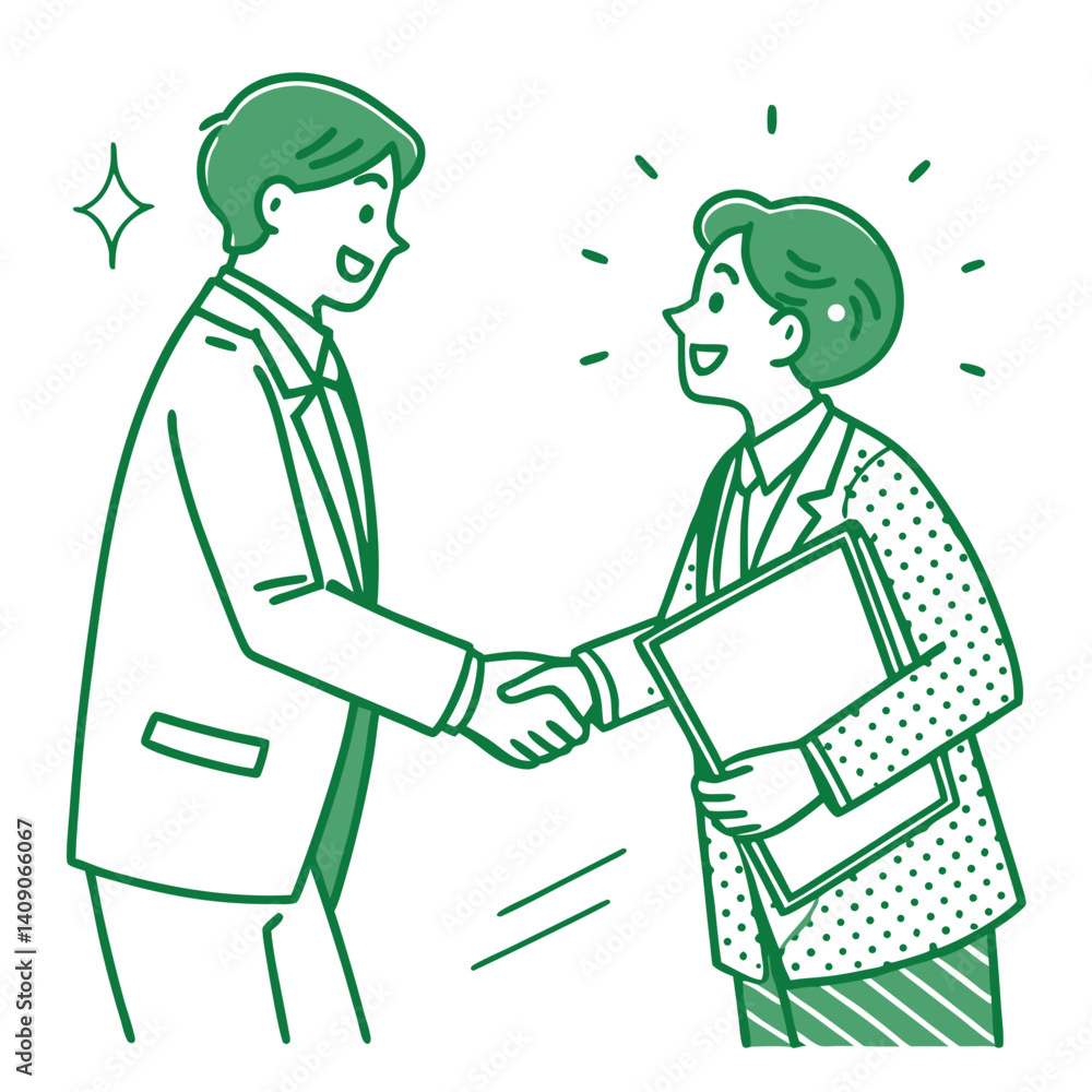 Line art Two Asian business people shaking hands with bright shining on a white Line art Two Asian business people shaking hands with bright shining on a white