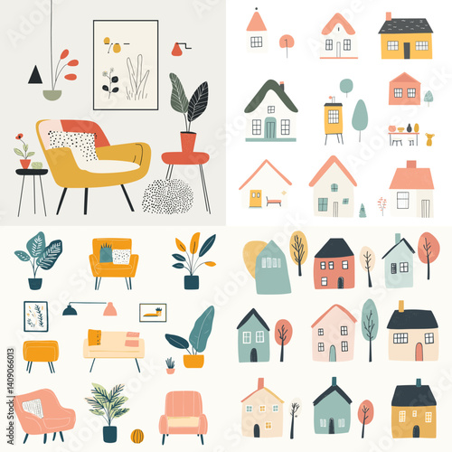 Charming flat-style illustrations of cozy houses, furniture, and plants in pastel tones, perfect for home decor, printables, kids’ rooms, and modern interior design themes.

