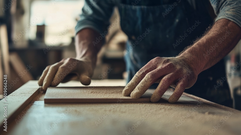 Carpenter sanding wooden surfaces in a workshop. Featuring precision and skill Carpenter sanding wooden surfaces in a workshop. Featuring precision and skill