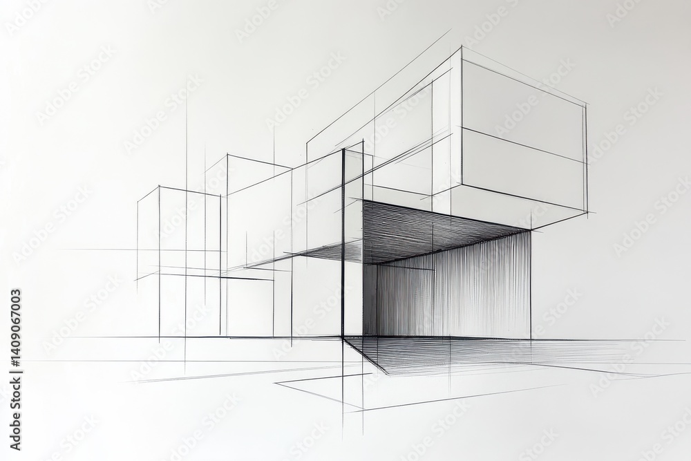 Architectural sketch of a modern building with clean lines and minimalist design on a white background Architectural sketch of a modern building with clean lines and minimalist design on a white background