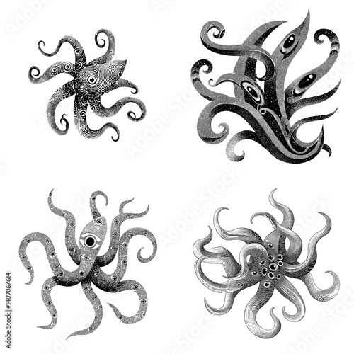 Black and white hand-drawn octopus illustrations with surreal tentacles and fantasy style, ideal for tattoos, vintage art prints, marine designs, and mythological projects.

