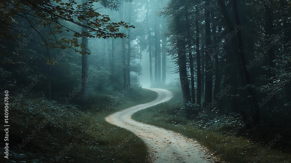 Fototapeta premium Winding path through a mystical, misty forest.