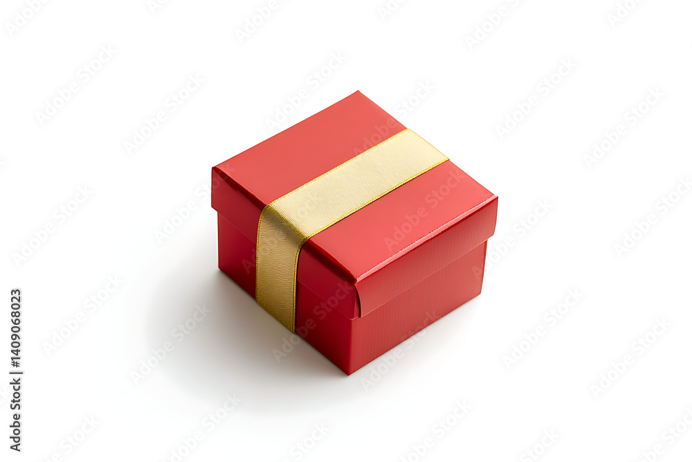 Fototapeta premium Red gift box with gold ribbon isolated on a white background, with no shadow, reflection, angle, or depth of field. 