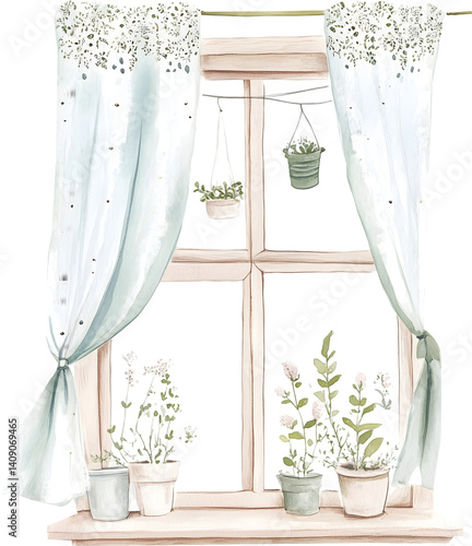 Window with trees and flowerswatercolor vintage on transparent background. symbol png illustration AI-generated 